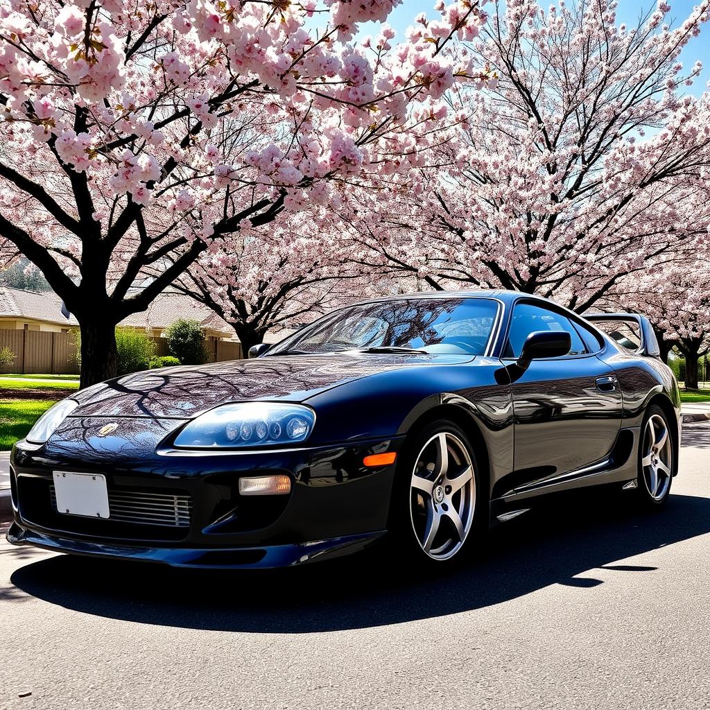 A stunning black MK4 Supra parked elegantly, showcasing its sleek lines and sporty design