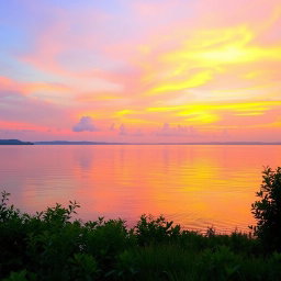 A serene landscape depicting a beautiful sunset over a tranquil lake, with vibrant hues of orange, pink, and purple reflecting on the water