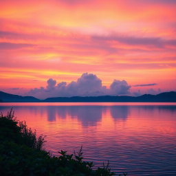 A serene landscape depicting a beautiful sunset over a tranquil lake, with vibrant hues of orange, pink, and purple reflecting on the water