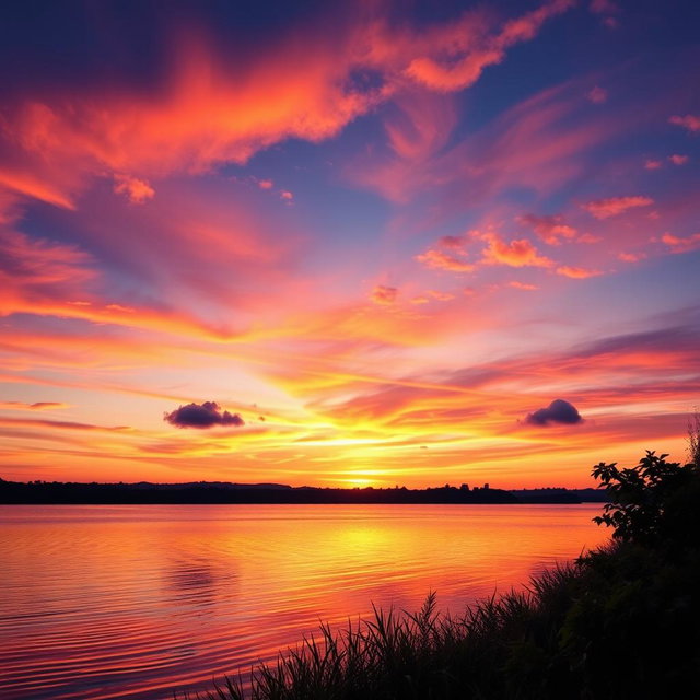 A serene landscape depicting a beautiful sunset over a tranquil lake, with vibrant hues of orange, pink, and purple reflecting on the water