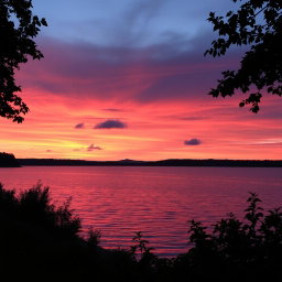 A serene landscape depicting a beautiful sunset over a tranquil lake, with vibrant hues of orange, pink, and purple reflecting on the water