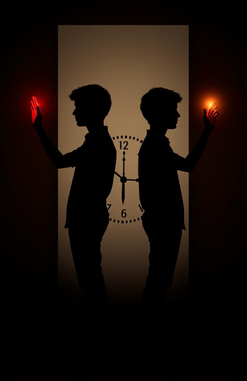 A silhouette cover featuring two young men standing back to back, facing opposite sides (right and left), with only the lower half of their bodies visible, from the waist down