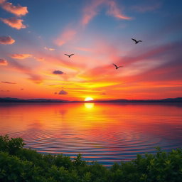 A serene landscape depicting a beautiful sunset over a tranquil lake, with vibrant hues of orange, pink, and purple reflecting on the water