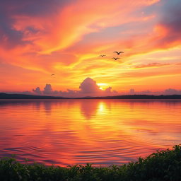 A serene landscape depicting a beautiful sunset over a tranquil lake, with vibrant hues of orange, pink, and purple reflecting on the water