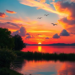 A serene landscape depicting a beautiful sunset over a tranquil lake, with vibrant hues of orange, pink, and purple reflecting on the water