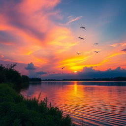 A serene landscape depicting a beautiful sunset over a tranquil lake, with vibrant hues of orange, pink, and purple reflecting on the water
