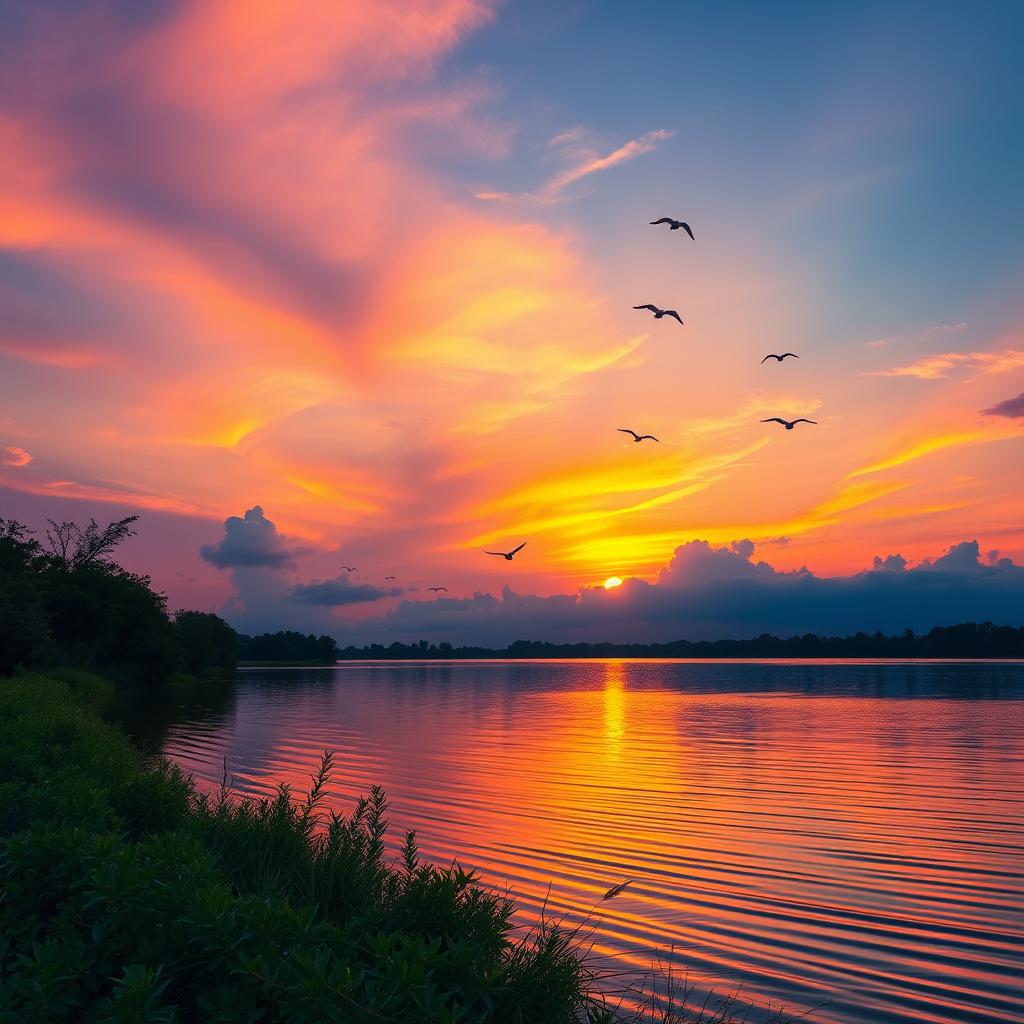 A serene landscape depicting a beautiful sunset over a tranquil lake, with vibrant hues of orange, pink, and purple reflecting on the water