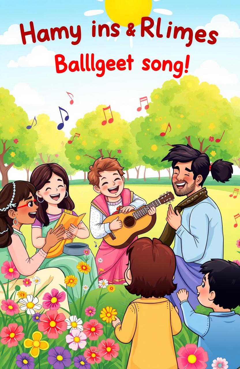A whimsical and vibrant illustrated scene showcasing a joyful gathering of children and adults engaging in rhymes and Balgeet songs