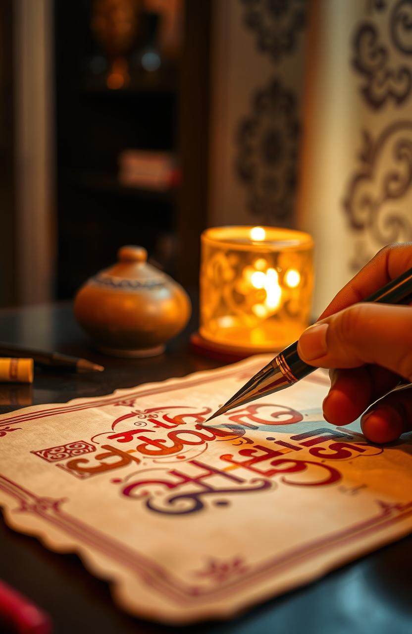 Shabd lekhan, capturing the essence of traditional Indian script with intricate designs, the pen gracefully gliding over textured parchment, showcasing beautifully crafted letters bursting with vibrant colors, set in a serene and inspiring environment that reflects Indian culture