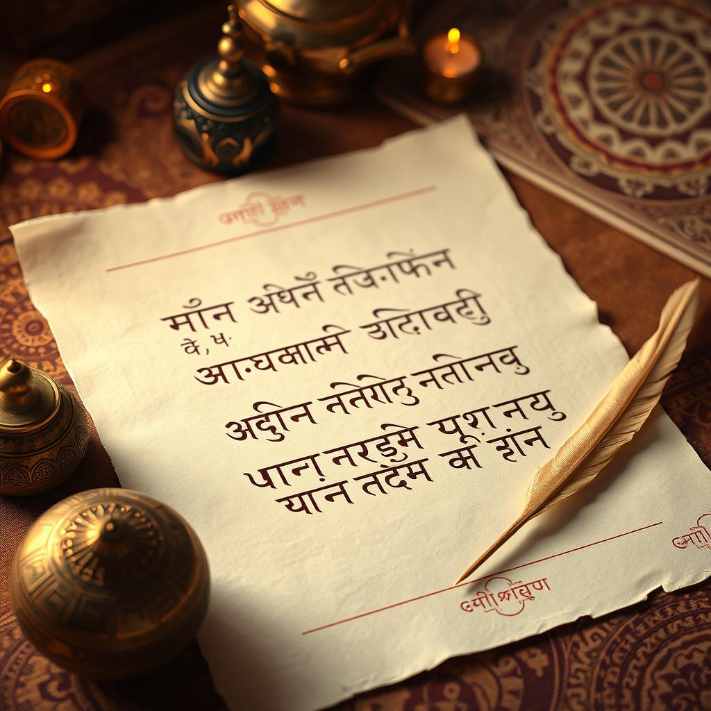 Hindi lekhan, featuring elegant Devanagari script flowing smoothly across traditional handmade paper
