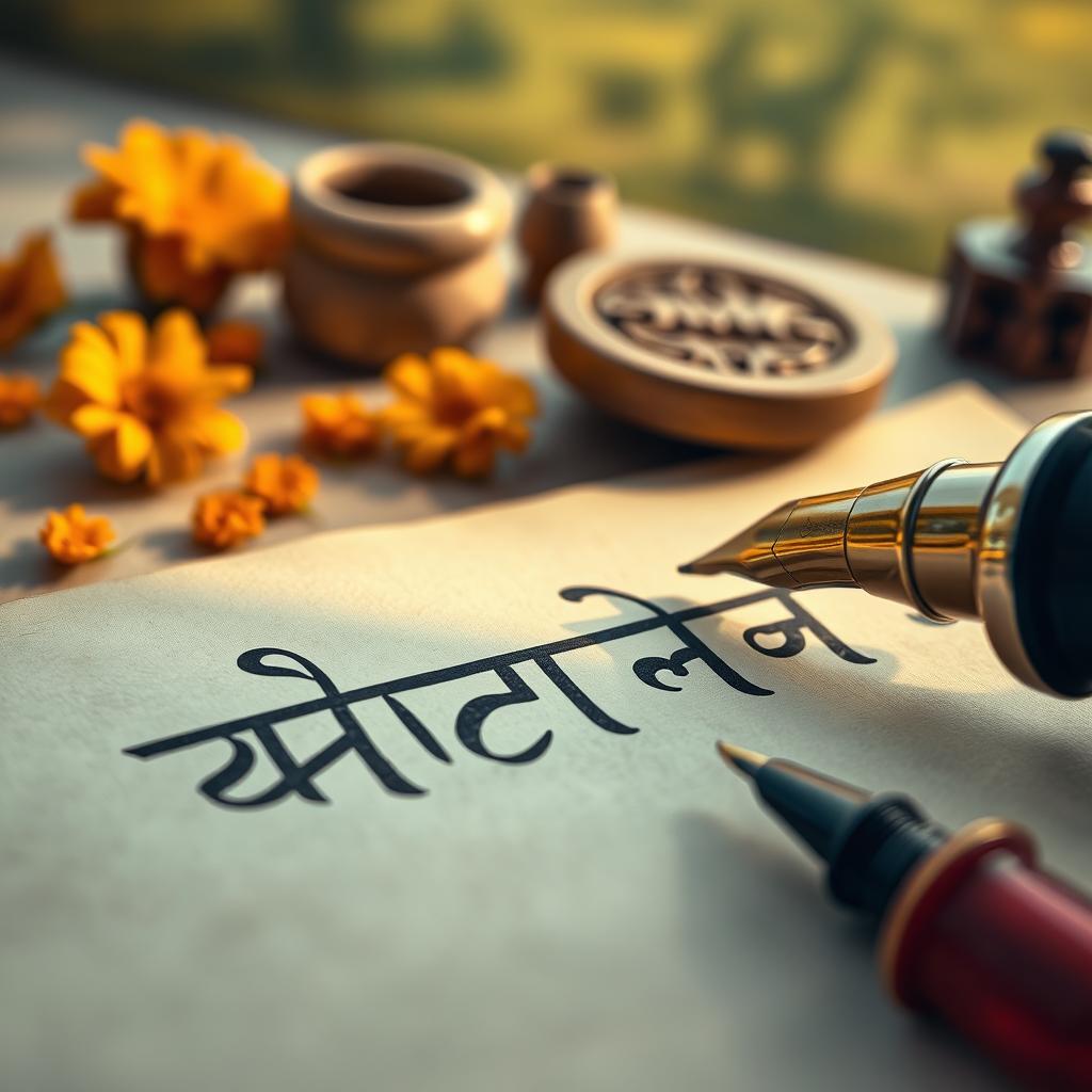 A close-up of Hindi writing in elegant Devanagari script, beautifully inscribed on a smooth, aged paper with a traditional fountain pen
