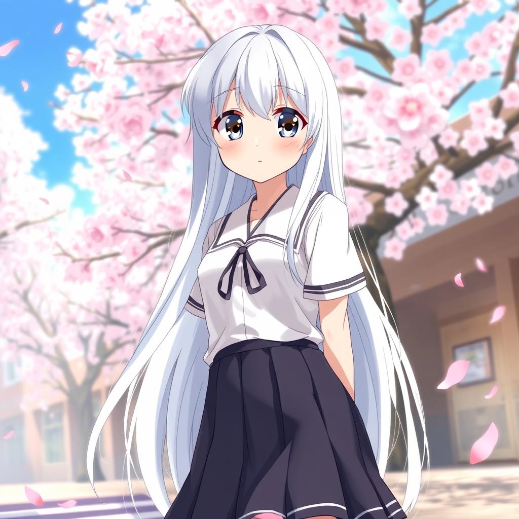 A long white-haired anime girl wearing a traditional school uniform, characterized by a crisp white blouse and a dark pleated skirt