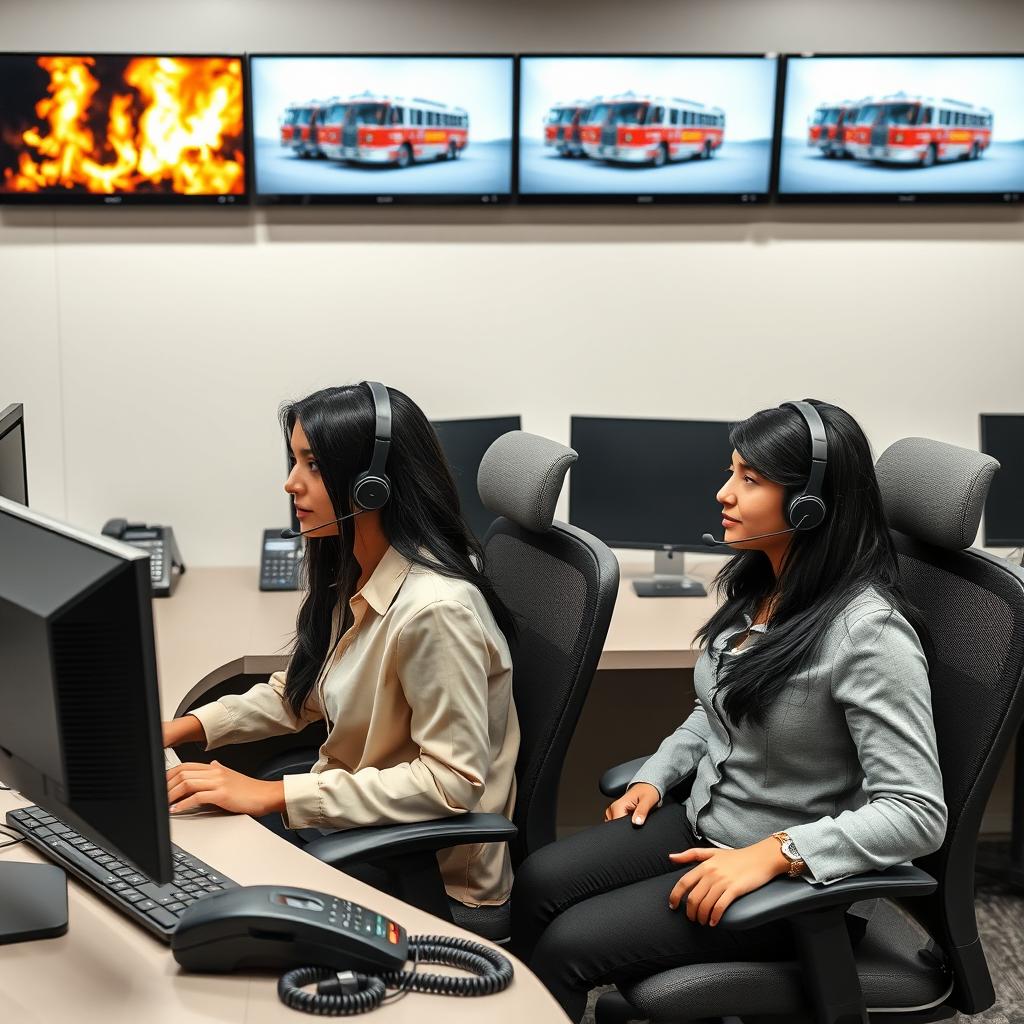 A monitoring center featuring two Latina women of medium build, both with black hair, sitting in ergonomic office chairs