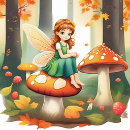 Draw a magical fairy sitting on a mushroom in an enchanted forest during the fall season with the leaves changing color