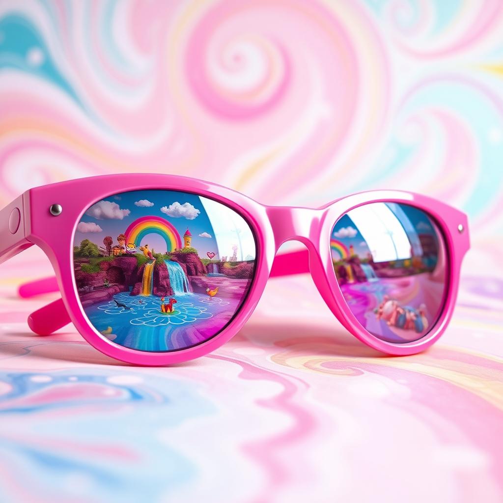 A surreal depiction of a pair of pink sunglasses lying on a vibrant, colorful surface