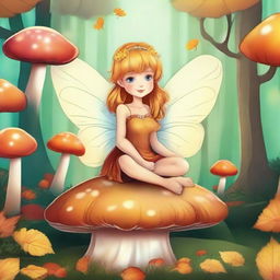 Draw a magical fairy sitting on a mushroom in an enchanted forest during the fall season with the leaves changing color