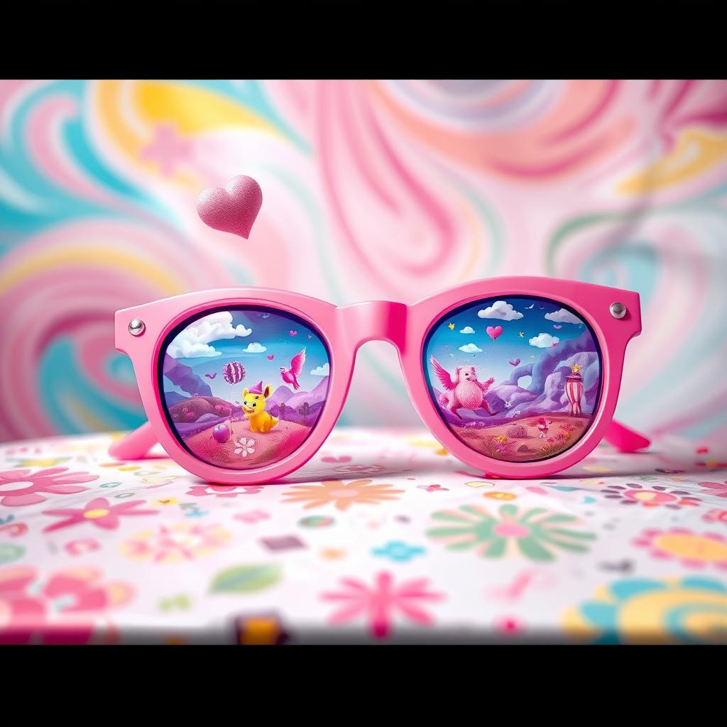 A captivating artwork featuring a pair of pink sunglasses resting on a surface adorned with colorful patterns