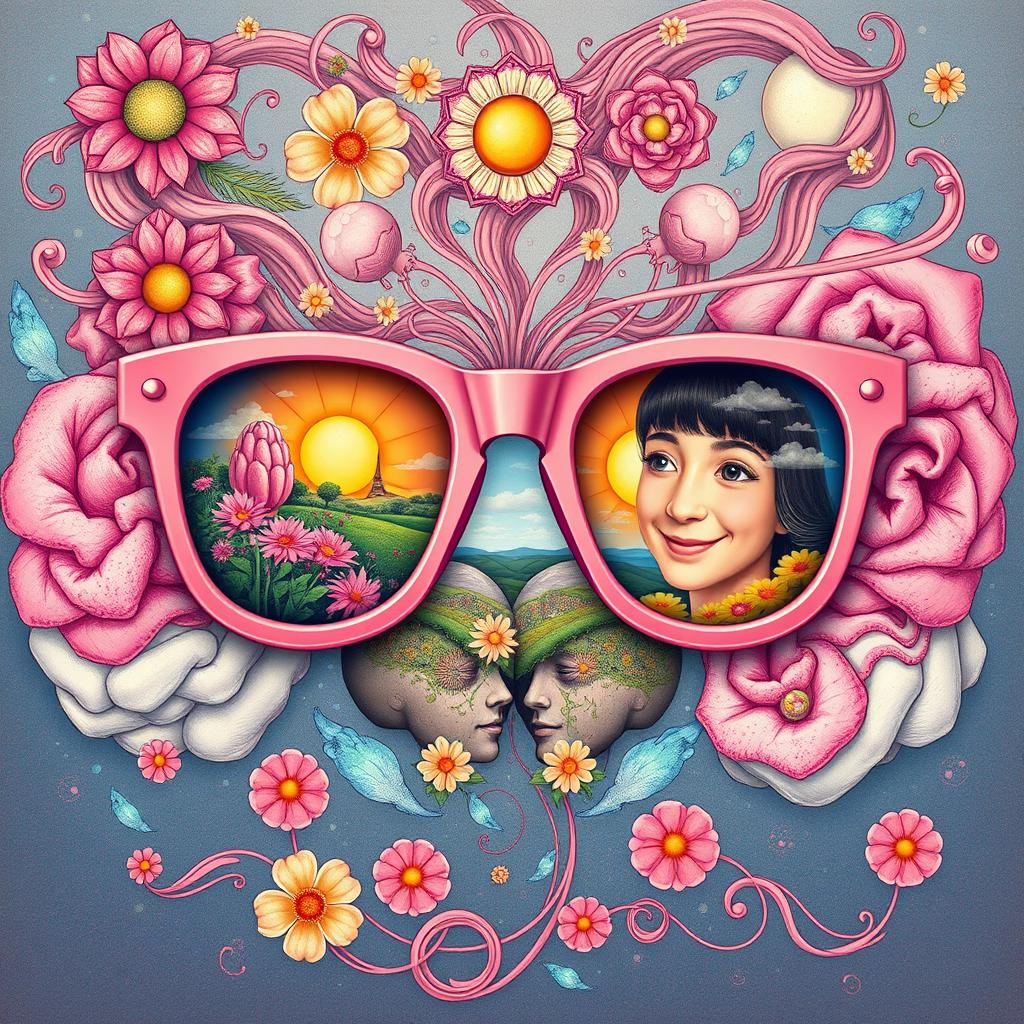 An intricate and thought-provoking artwork illustrating the psychological concept of 'rose-colored glasses'
