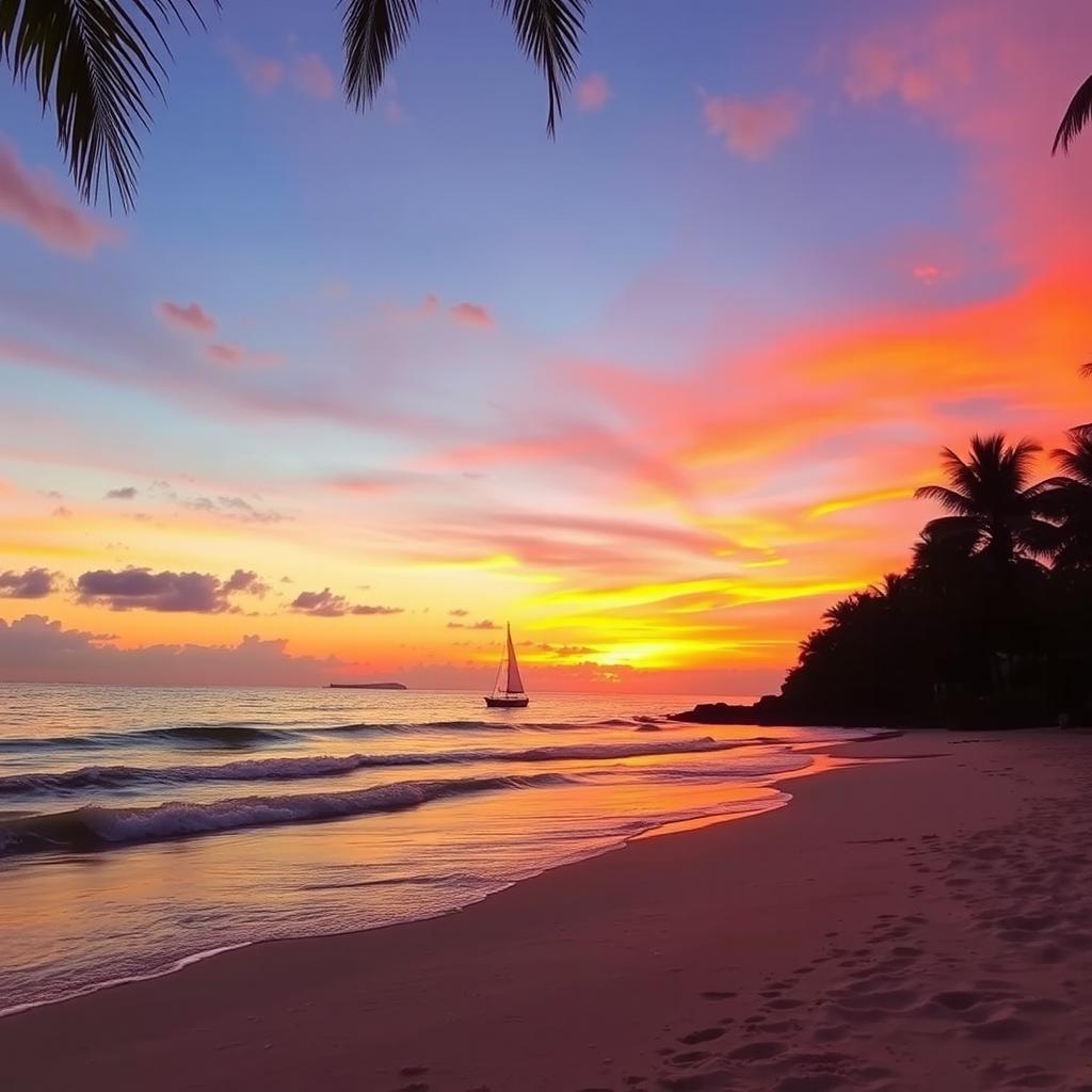 A serene beach scene at sunset, showcasing gentle waves lapping against the shore