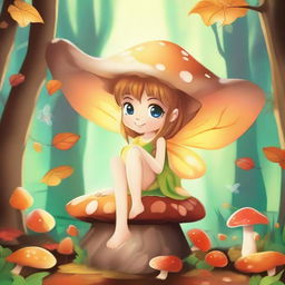 Draw a magical fairy sitting on a mushroom in an enchanted forest during the fall season with the leaves changing color