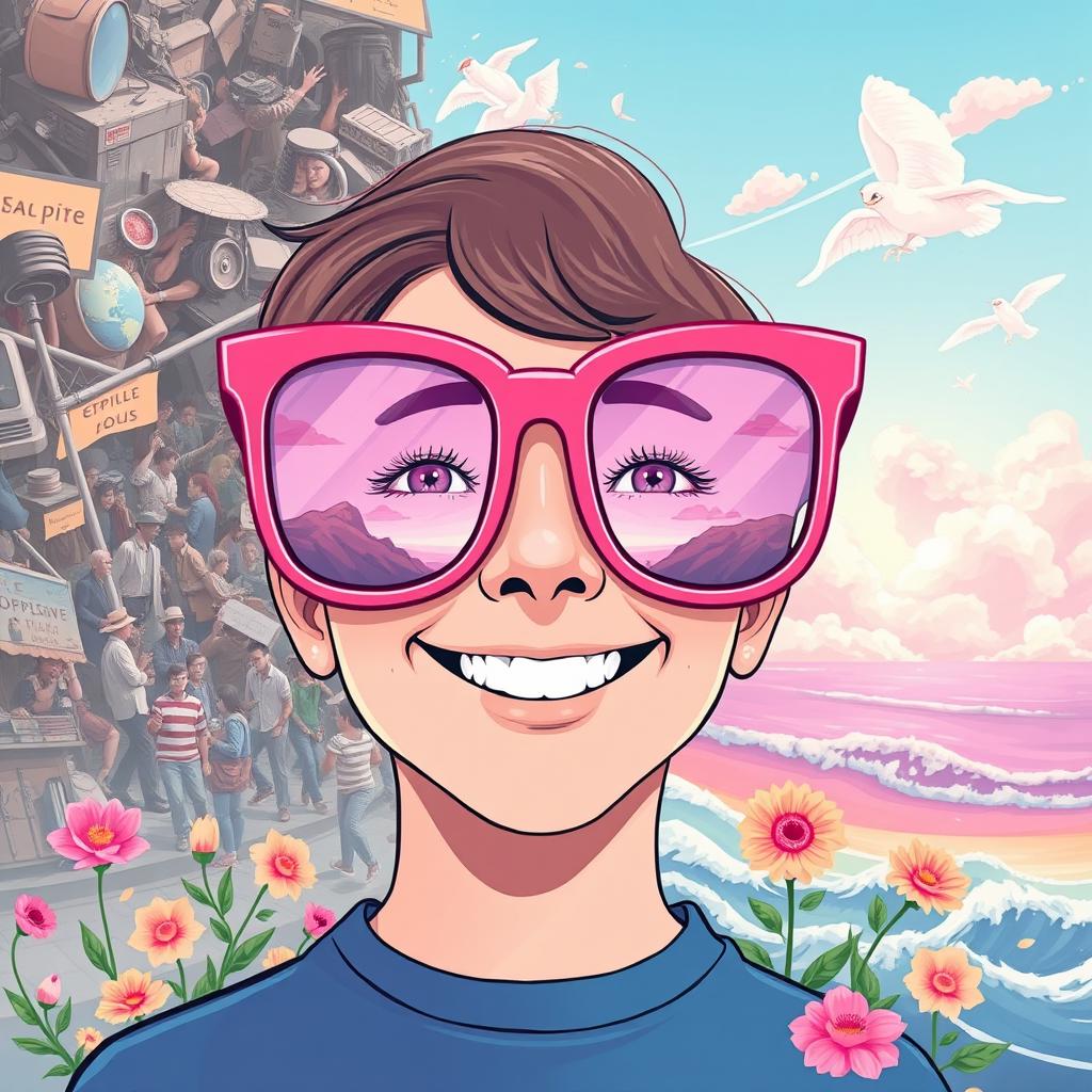 A conceptual illustration of the 'rose-colored glasses' illusion in psychology, showcasing a person looking through a pair of oversized, vibrant pink glasses