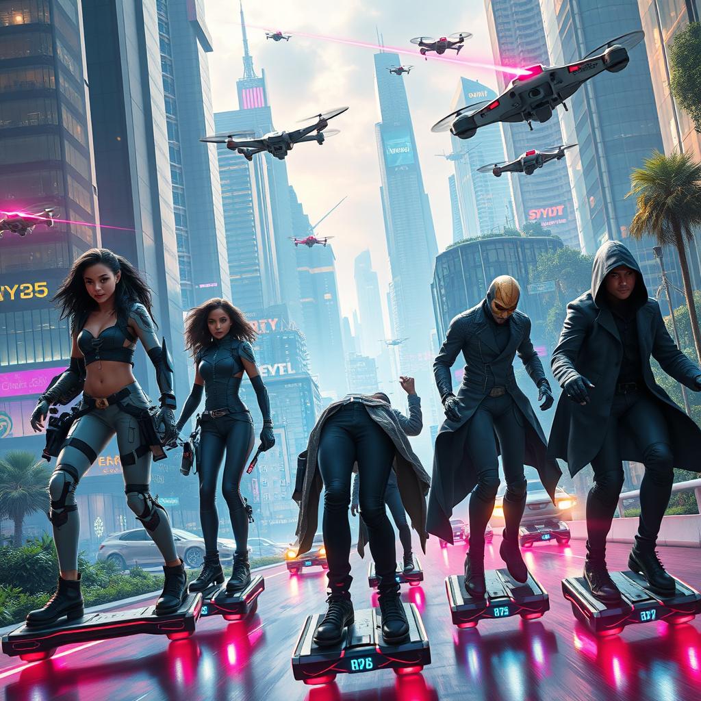 A futuristic sci-fi movie set in the year 2025, featuring a sleek, modern city skyline with flying cars and advanced technology