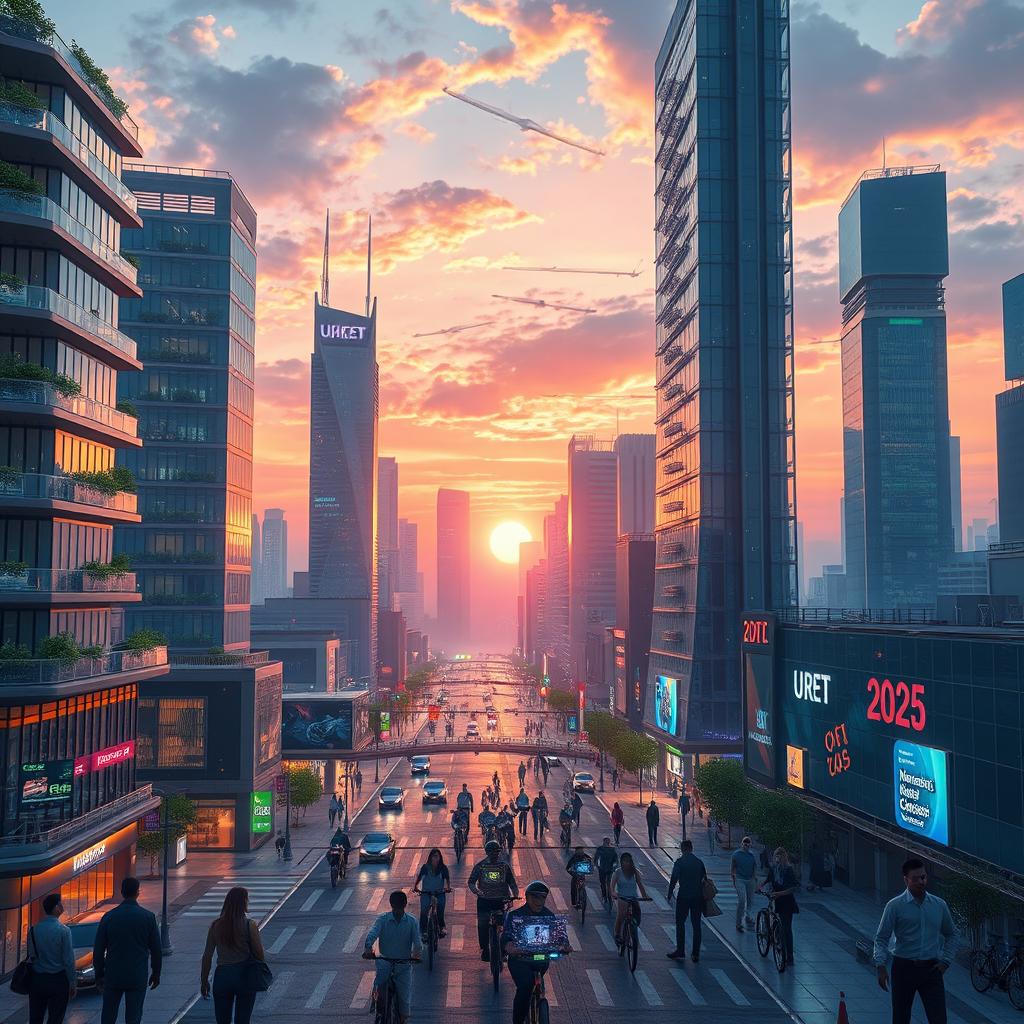 A futuristic cityscape in the year 2025, showcasing advanced technology and architecture