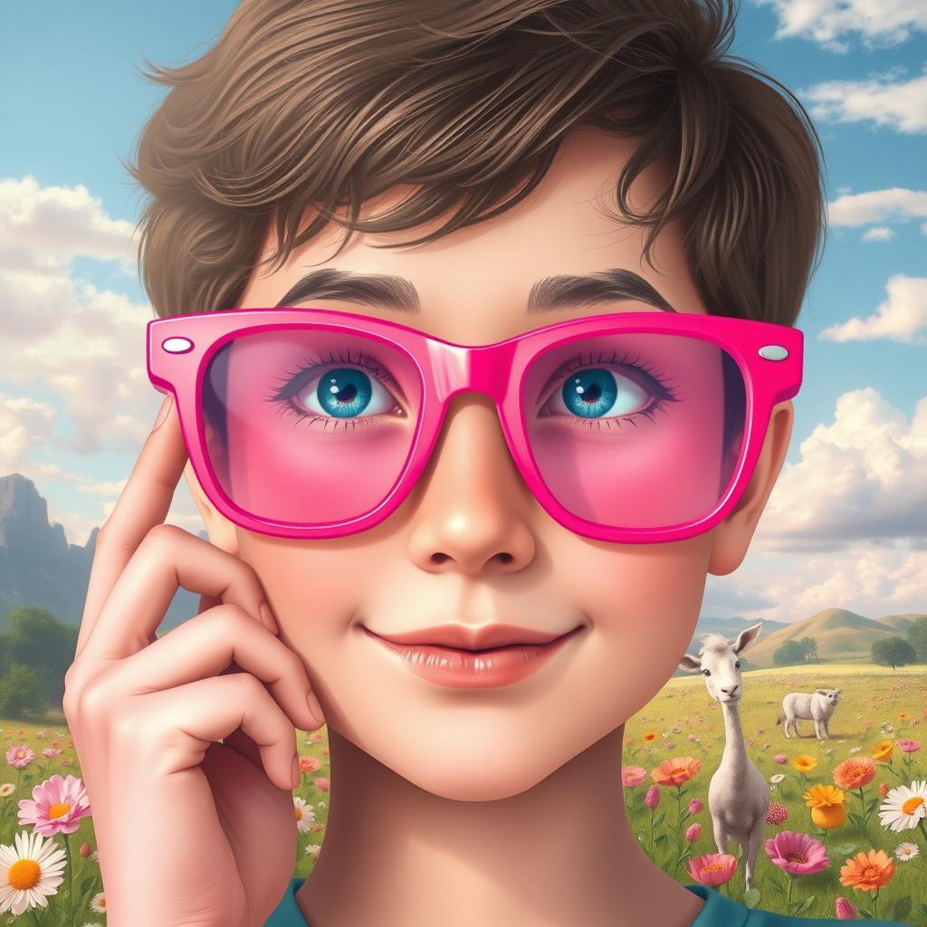 A conceptual depiction of the 'rose-colored glasses' illusion in psychology, featuring a thoughtful person observing their surroundings through oversized, bright pink glasses