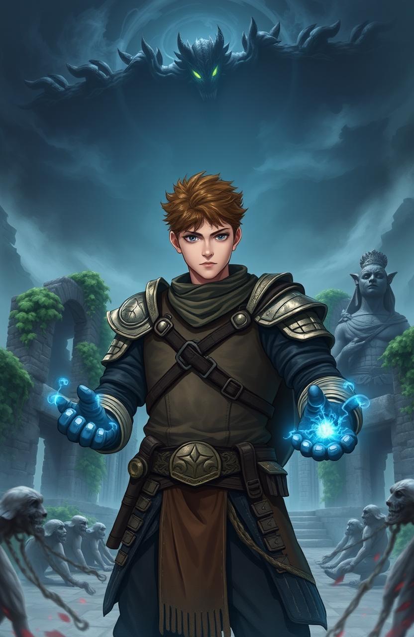 A young male warrior stands confidently in the foreground, donned in modern, battle-worn armor that exhibits detailed wear and tear