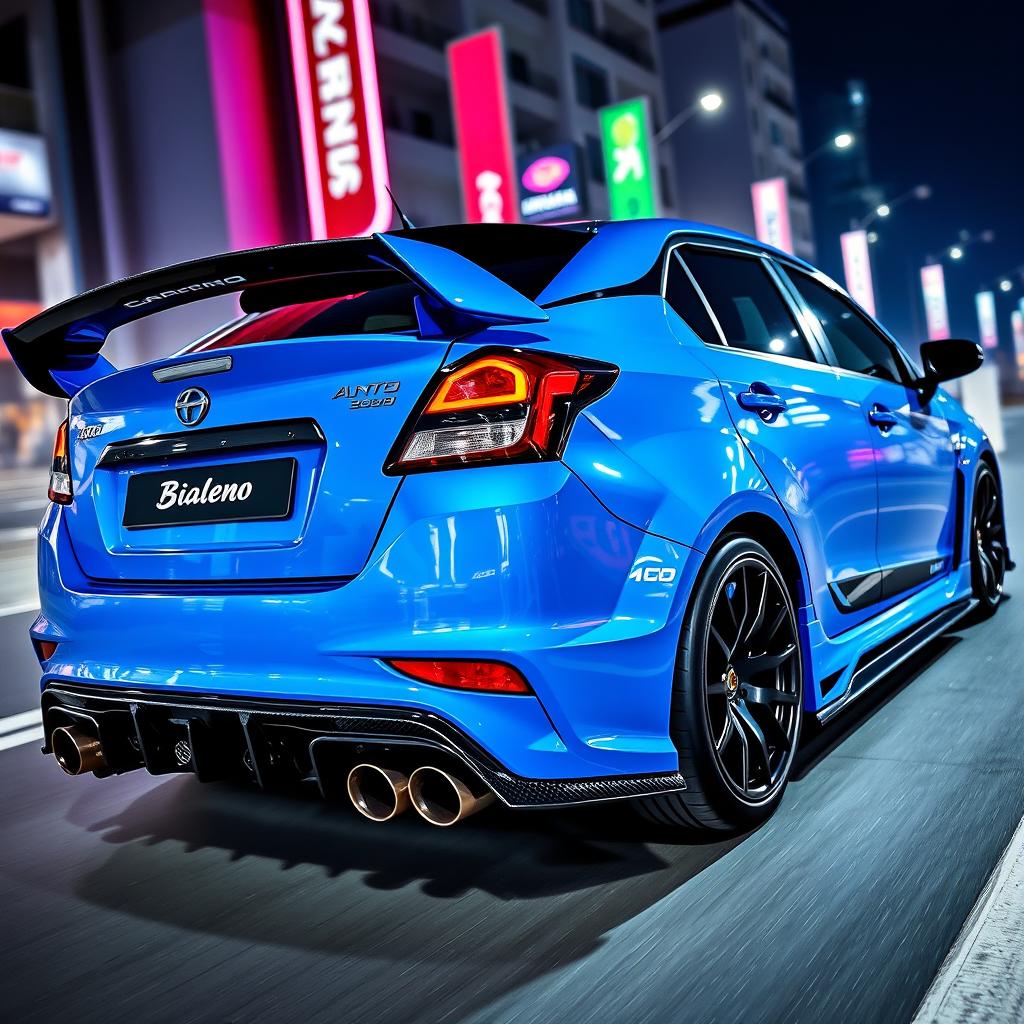 A modified Baleno car featuring a striking rear wing spoiler, dual tip exhaust, and an aggressive rear diffuser