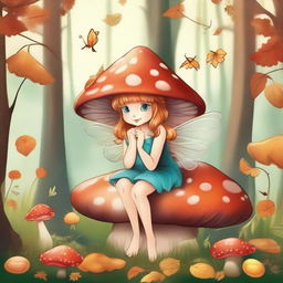 Draw a magical fairy sitting on a mushroom in an enchanted forest during the fall season with the leaves changing color