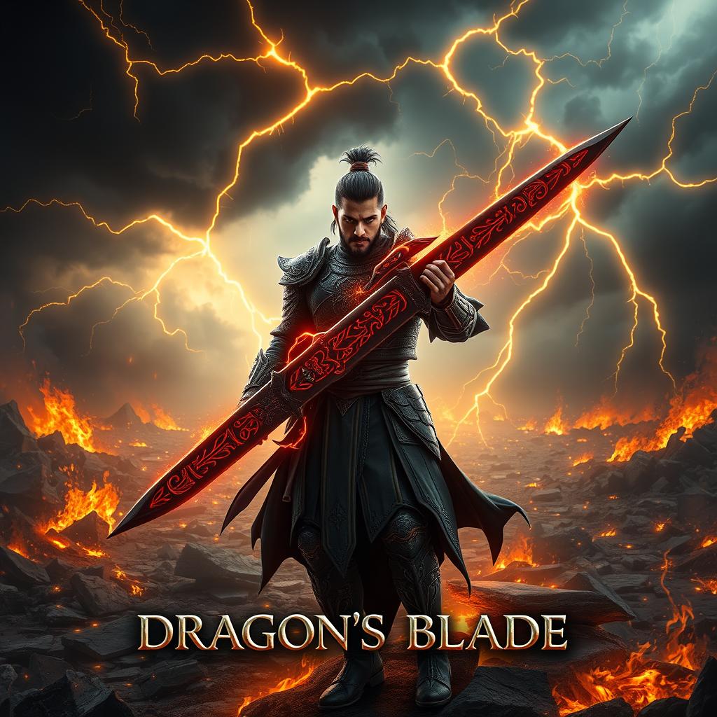 Aamir stands prominently at the center of the composition, gripping a striking black sword adorned with intricate glowing crimson patterns that radiate an intense power