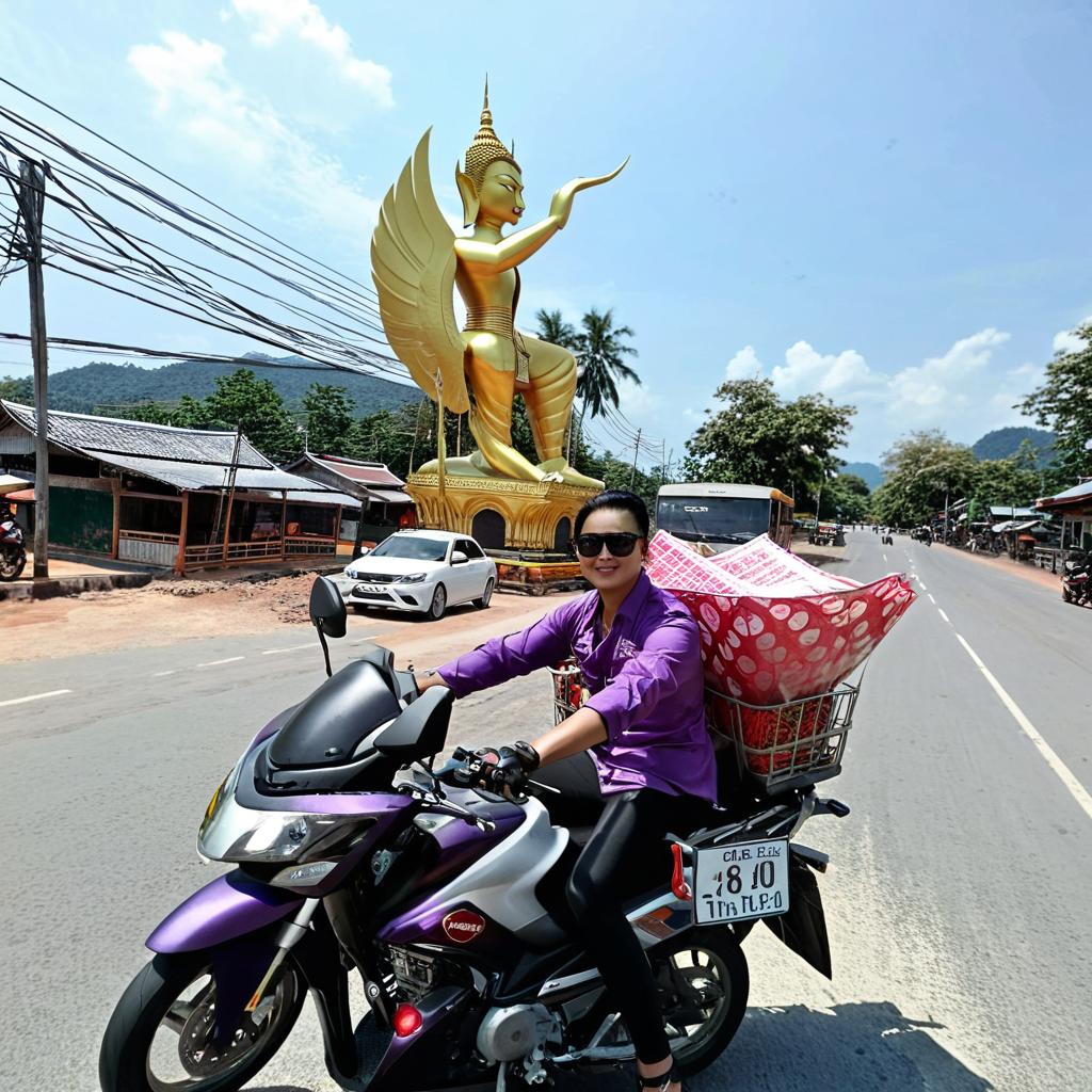 Dynamic Motorcycle Scene with Serene Buddha