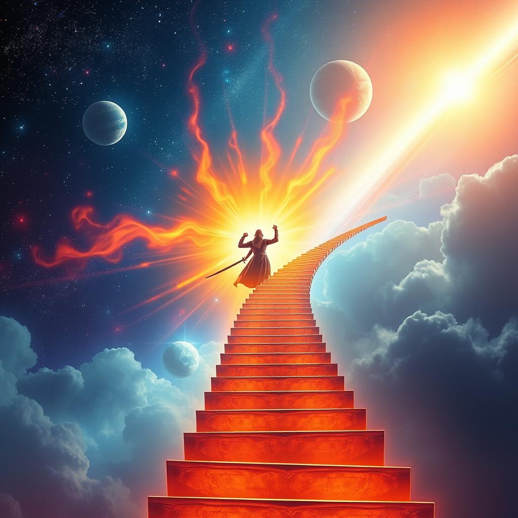 A captivating scene of a figure ascending a staircase that spirals upwards into the vast sky