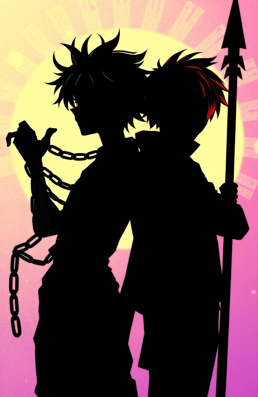 A stylized silhouette illustration of two boys in an anime style