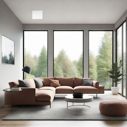 A modern living room with sleek furniture, minimalist decor, large windows letting in natural light, and aesthetically pleasing color scheme.