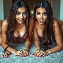 Two gorgeous young Arabic twin sisters with long brunette hair, featuring thin and petite figures, voluptuous busts, and curvy big booties, positioned on their hands and knees, looking up from the floor