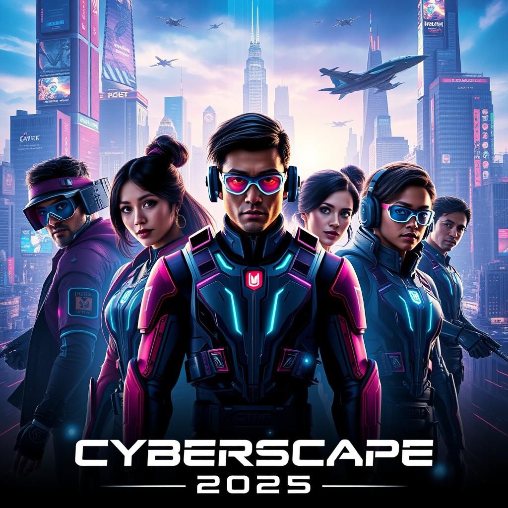 A futuristic cinematic poster for a movie titled 'Cyberscape: 2025', featuring a diverse team of heroes in a sprawling neon-lit cityscape