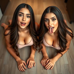 Two gorgeous young Arabic twin sisters with long brunette hair, featuring thin and petite figures, voluptuous busts, and curvy big booties