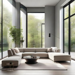 A modern living room with sleek furniture, minimalist decor, large windows letting in natural light, and aesthetically pleasing color scheme.