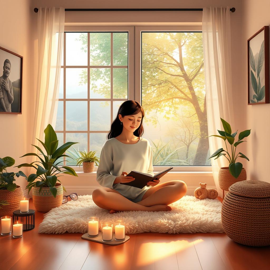 A serene self-care scene depicting a person relaxing in a cozy, inviting room filled with soft lighting