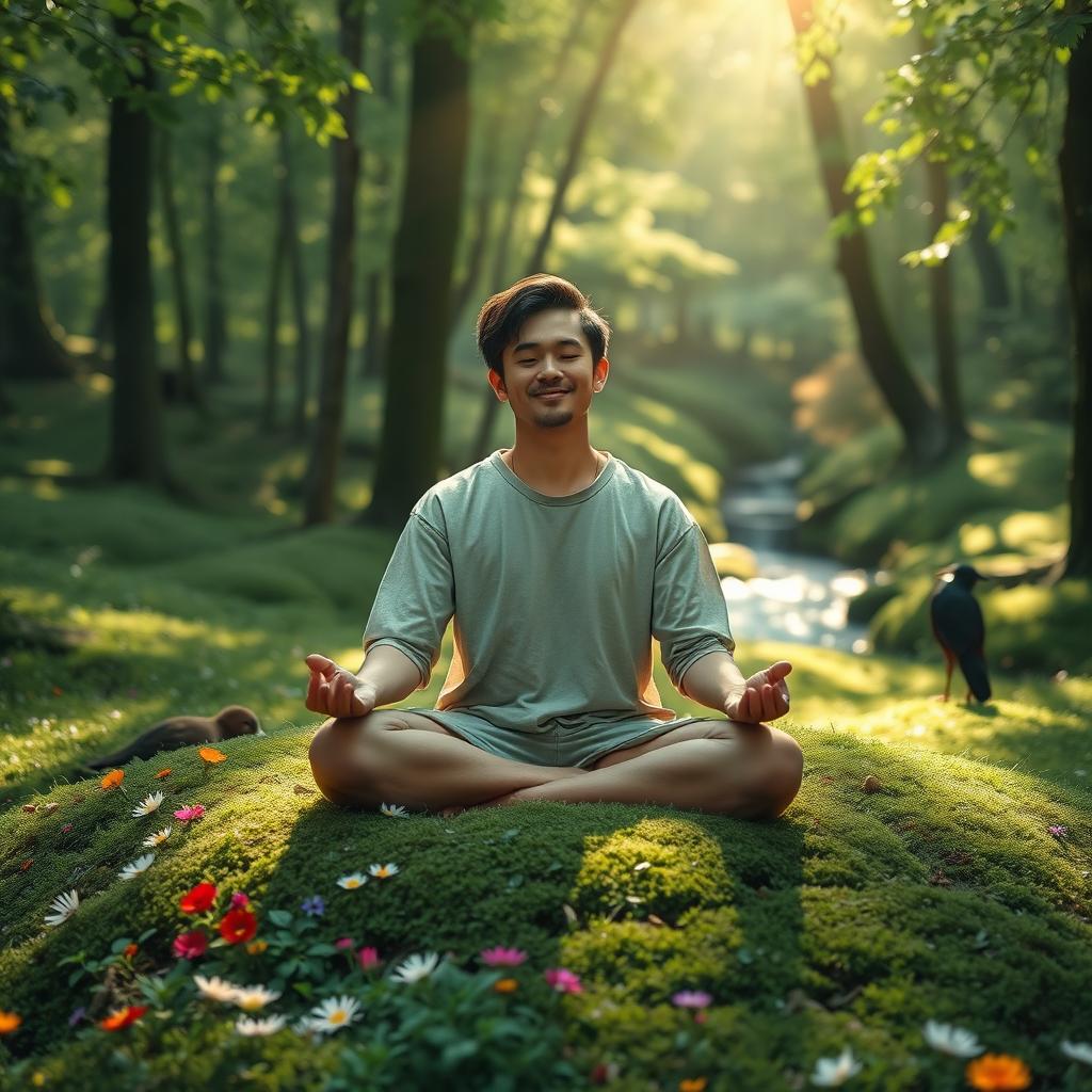 A serene and calming scene depicting a person meditating peacefully in a lush green forest