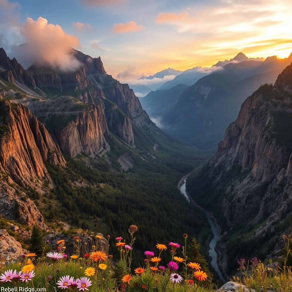 A dramatic landscape showcasing a rugged, mountainous terrain known as Rebel Ridge, featuring steep cliffs, dense forests, and a winding river at the base