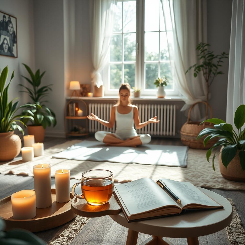 A serene and tranquil scene depicting self-care and mental wellness