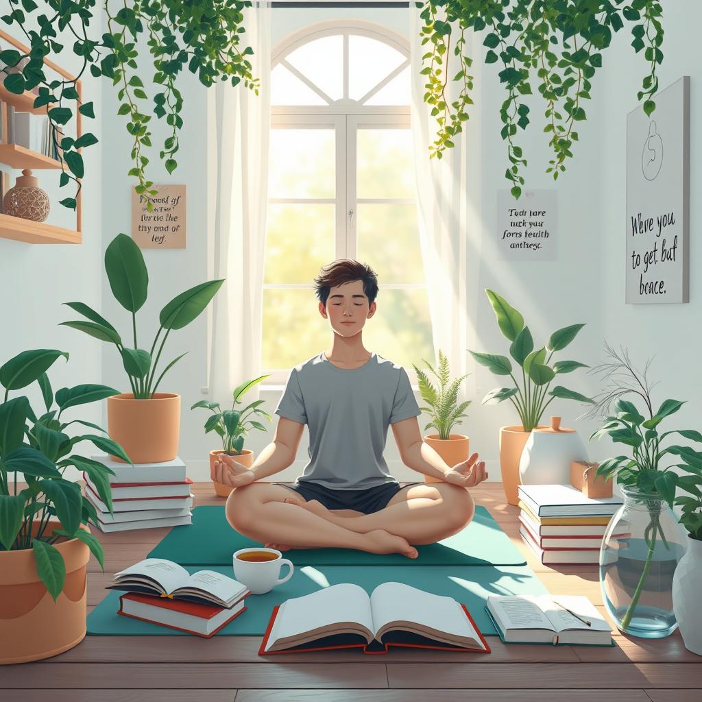 A serene and peaceful scene depicting self-care and mental health awareness
