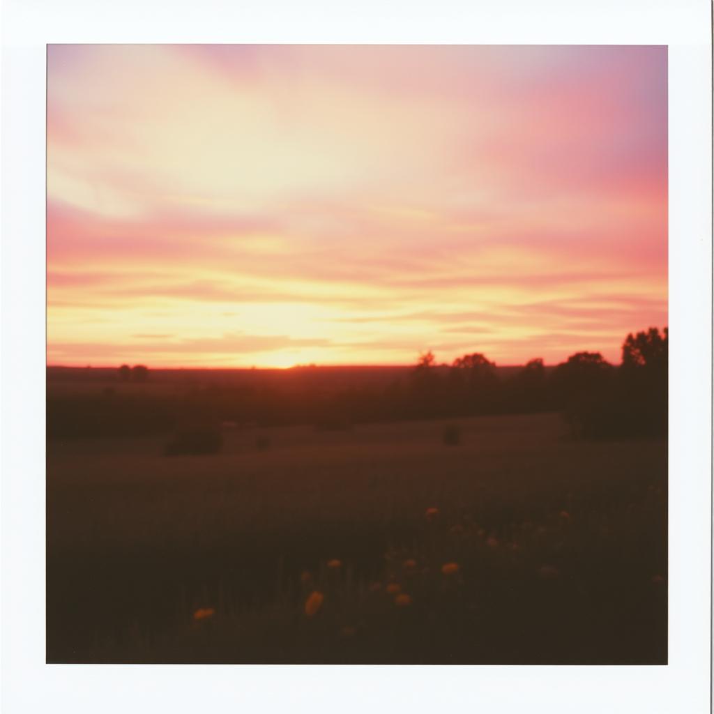 A vintage Polaroid photograph featuring a serene outdoor scene, with a vibrant sunset casting warm hues of orange, pink, and purple across the sky