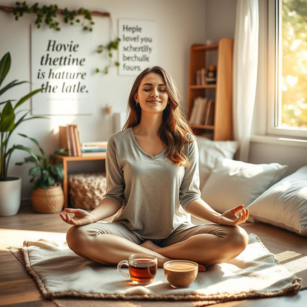 A serene and peaceful scene depicting a woman taking care of her mental health in a cozy environment