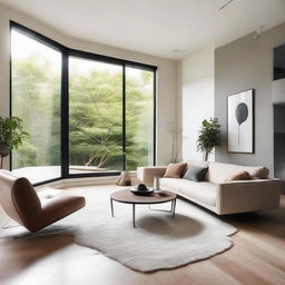 A modern living room with sleek furniture, minimalist decor, large windows letting in natural light, and aesthetically pleasing color scheme.