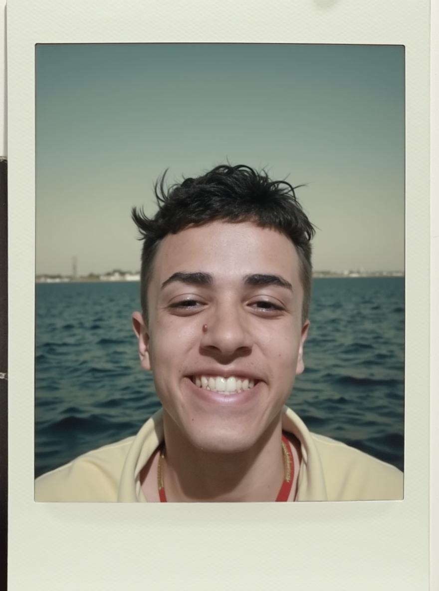 A Polaroid photo style image of a young man smiling brightly, with short dark hair and a casual pose