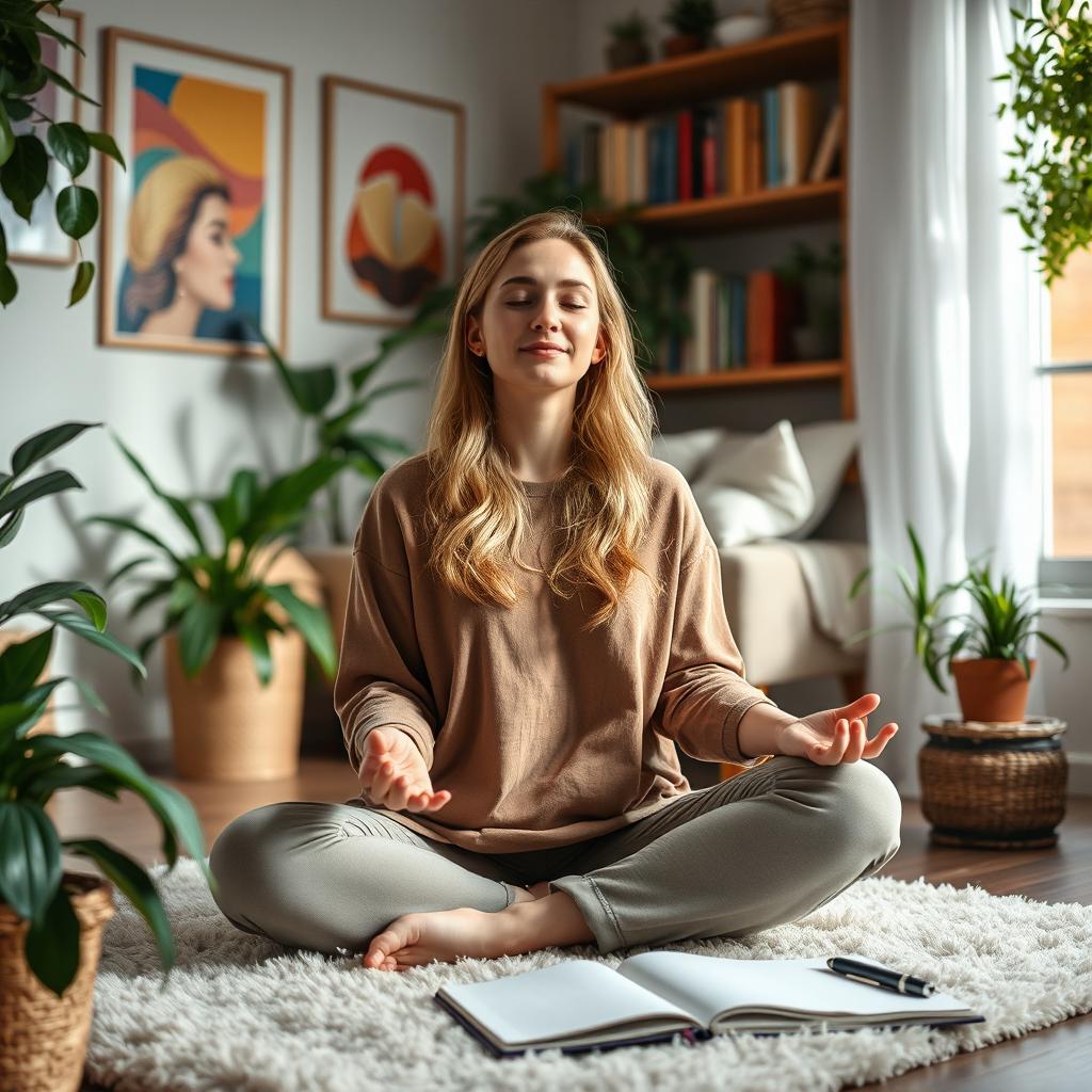 A serene and calming scene of a woman in a cozy living room, surrounded by plants and soft lighting, practicing mindfulness